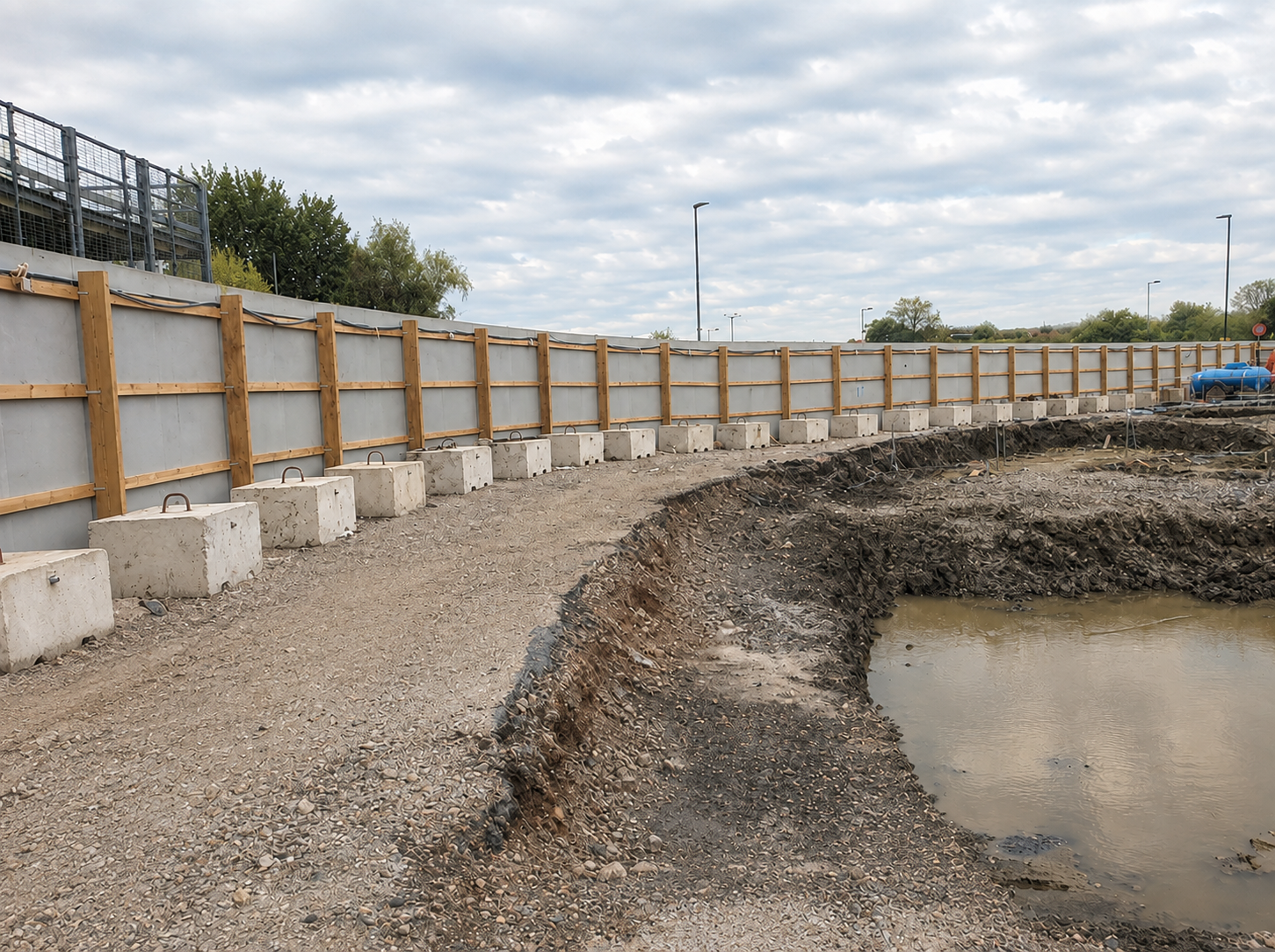 Curving freestanding timber hoarding braced with concrete kentledge blocks alongside an excavation on a London construction site