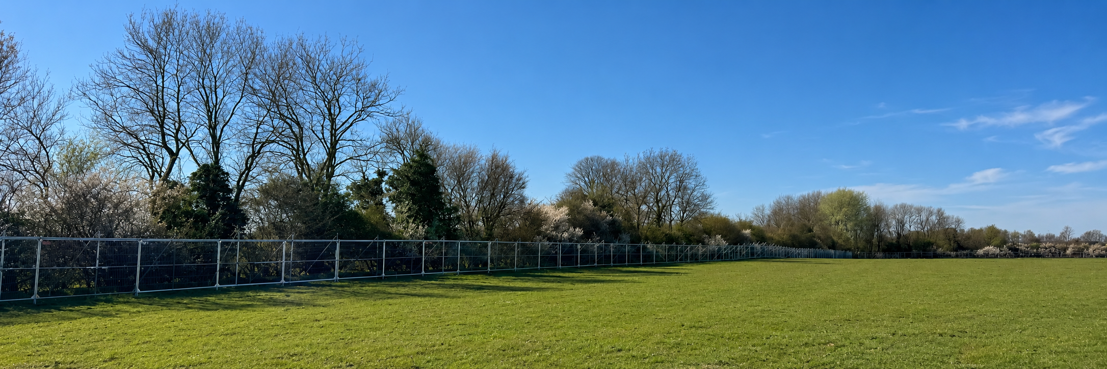 A long run of Heras mesh fencing along the edge of a grass field protecting mature trees