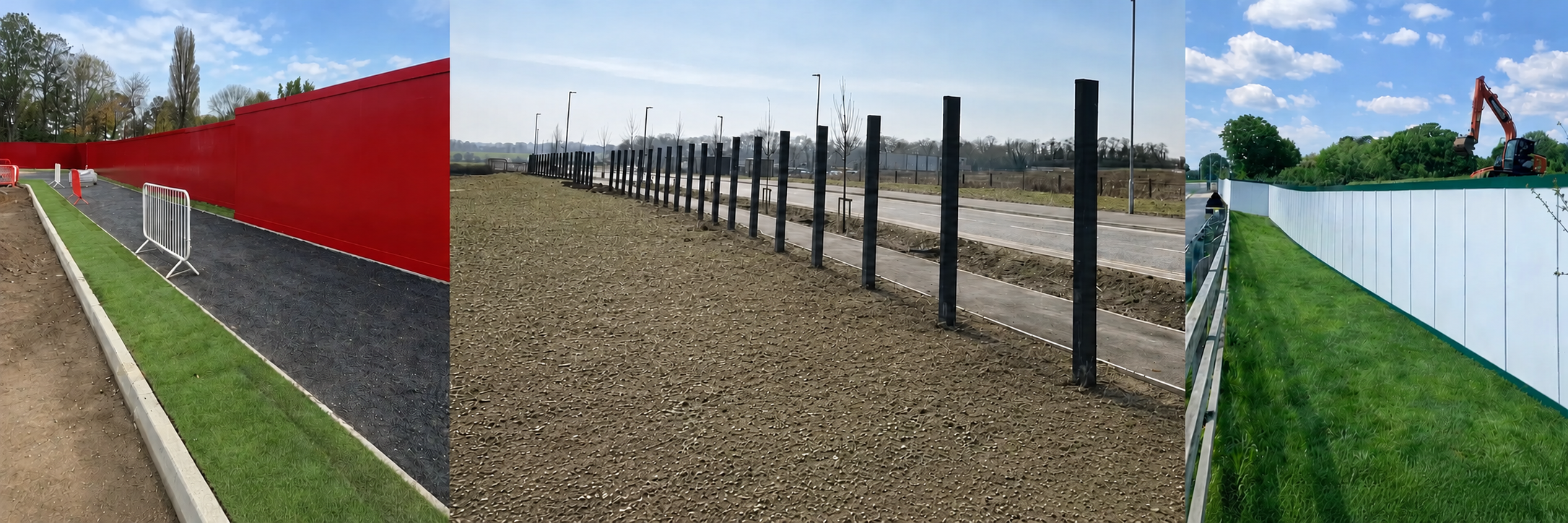 Three hoarding installations: red hoarding along a footpath, black steel support posts along a roadside, and white hoarding beside an excavator