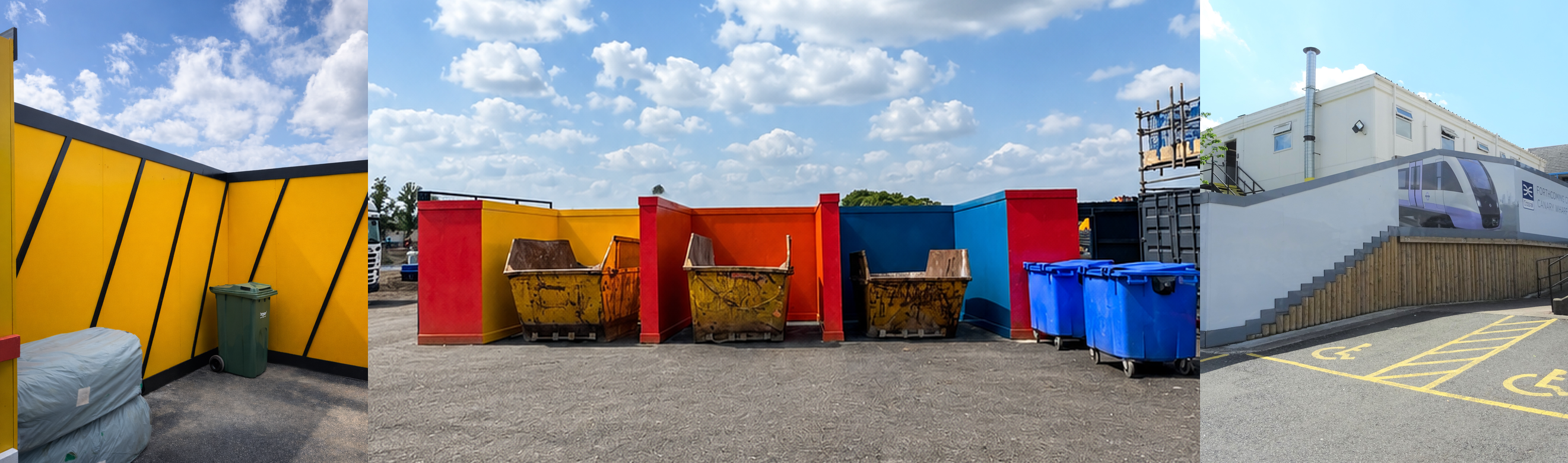 Yellow branded hoarding, colourful branded skip storage bays, and a Crossrail-branded site office hoarding