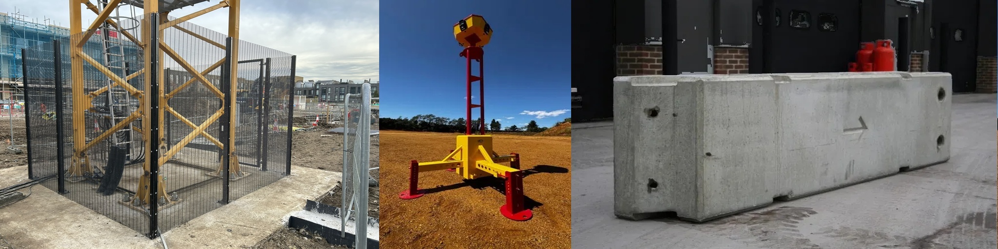 Black mesh security fencing around a crane base, a mobile CCTV security tower, and a concrete vehicle security barrier