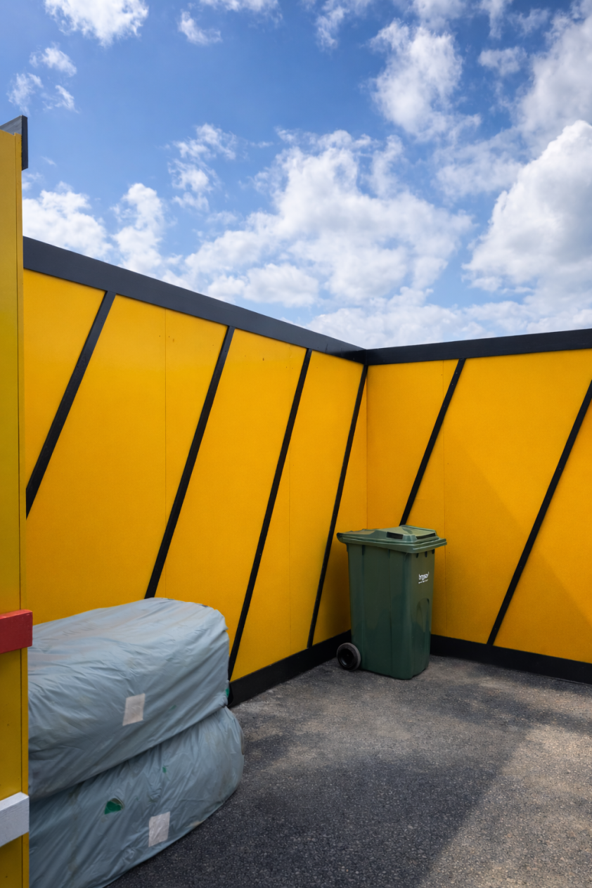 Yellow branded hoarding panels with black trim